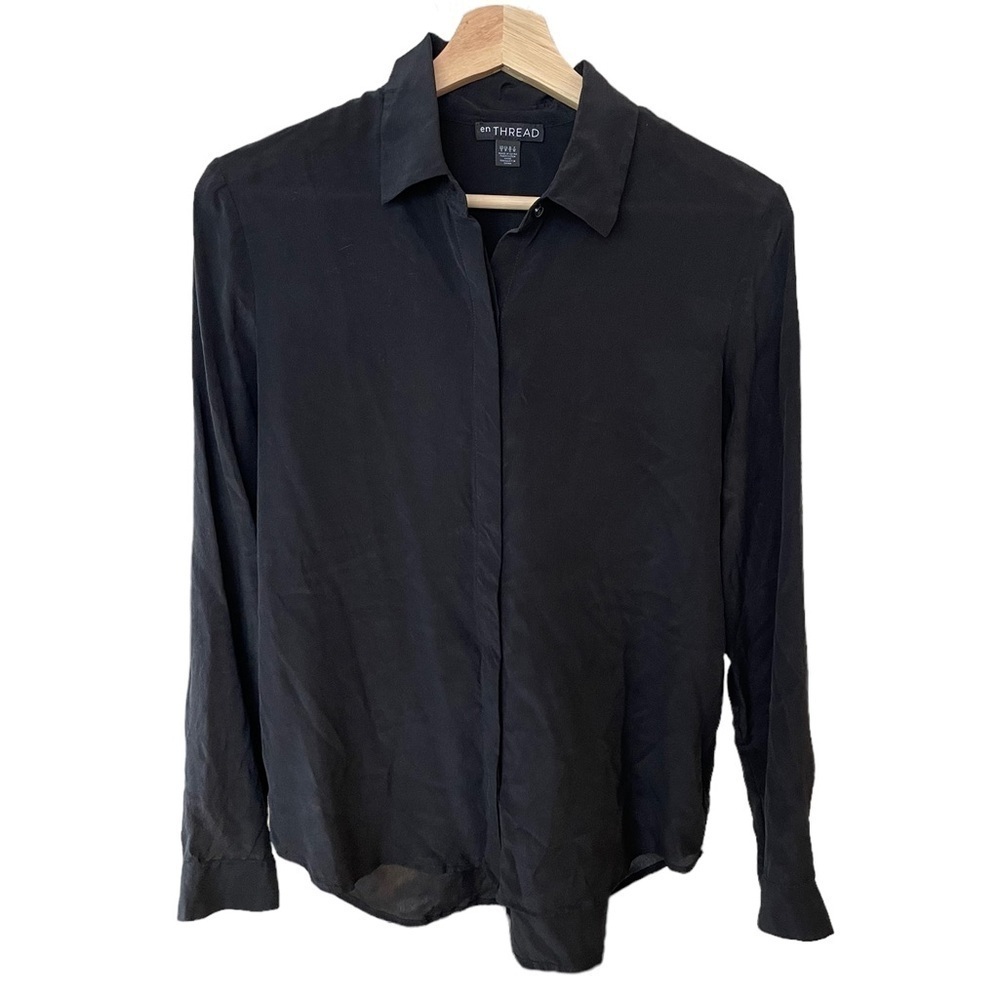 En Thread 100% Silk Black Button Down Blouse Small